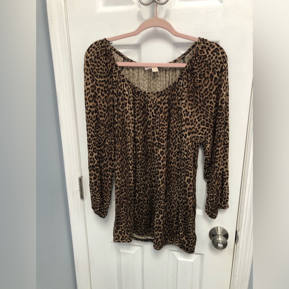 Michael Kors Top Womens XL Brown Animal Print Peasant Blouse Tunic 3/4 Sleeve